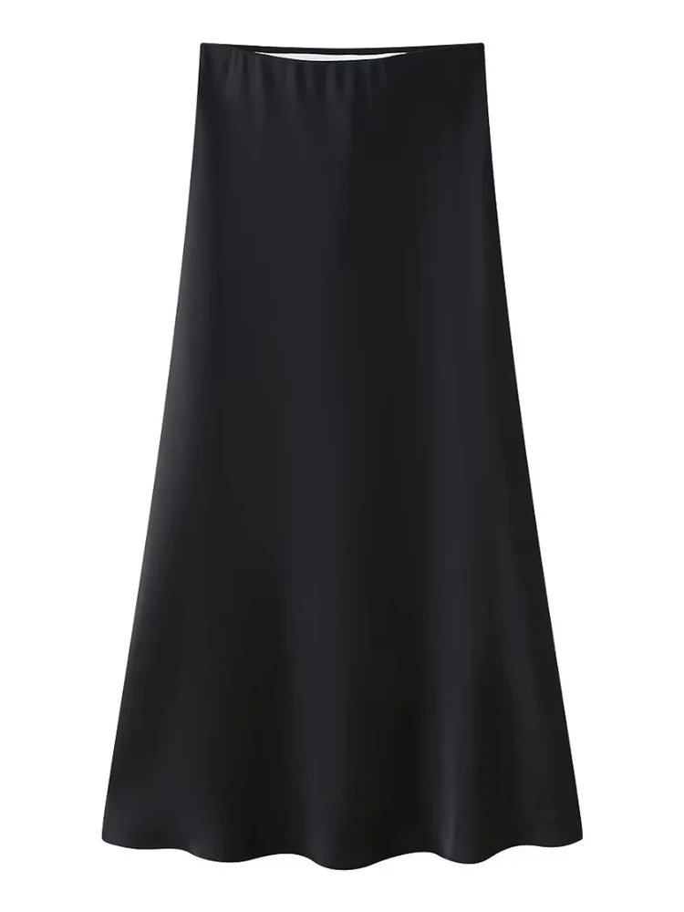 

Женская атласная прямая юбка, элегантная повседневная однотонная мягкая длинная юбка с высокой талией и поясом на резинке, черная, лето 2024