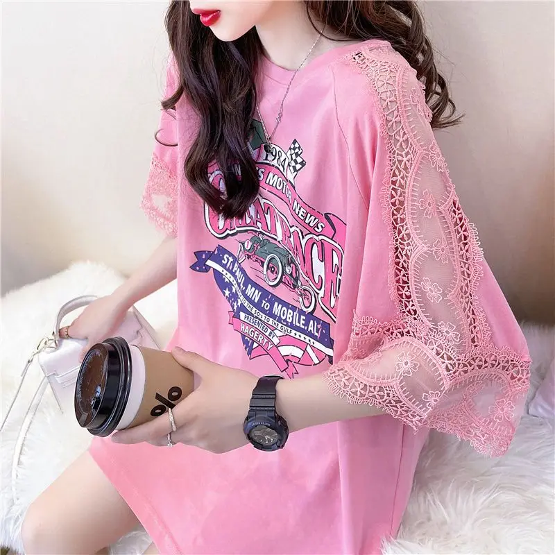 

Korean Letter Printed Spliced T-shirt Summer New O-Neck Casual Fashion Lace Female Clothing Loose Commute Short Sleeve Pullovers