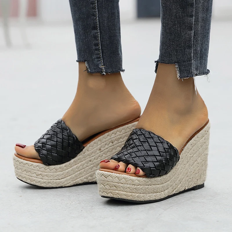 

ZOOKERLIN Rattan Grass Weave Wedges Peep Toe Women's Slippers Platform 2022 Summer High Heels Slides Cane Mules Shoes PU Leather