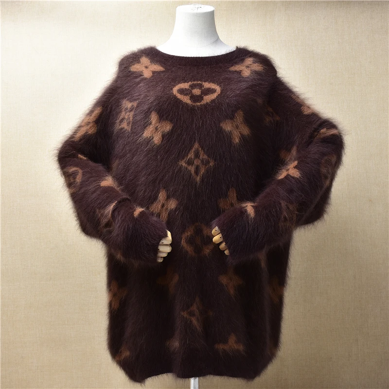 

Female Women Spring Autumn Clothing Hairy Printing Hairy Mink Cashmere Knitted Long Batwing Sleeve O-Neck Loose Pullover Sweater