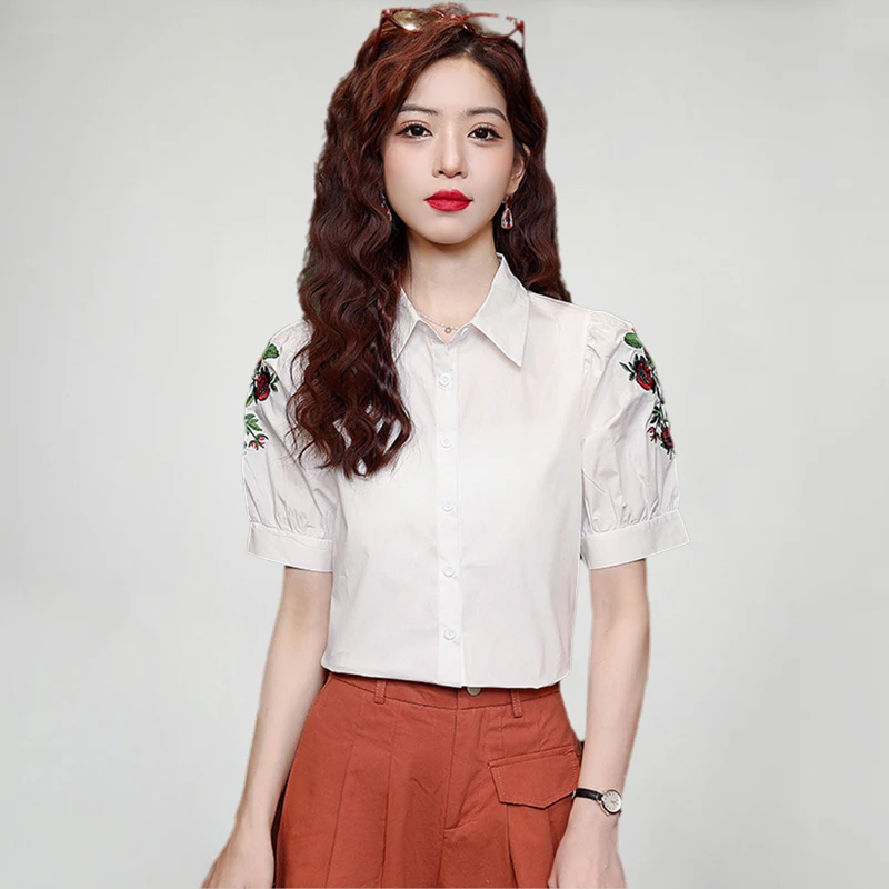 

Women's Floral Embroidery Shirts&Blouses Summer Short Sleeve Blusas Mujer Elegant Casual White Tops Camisas 2024 Fashion New