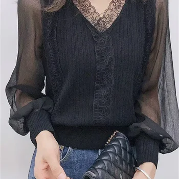 Deslumbre com Elegância: Top Decote V Sem Costas com Babados e Laço de Cetim 13 Women Spring Autumn Style Blouses Tops Lady Casual Long Sleeve V-Neck Lace Blusas Tops DF4452