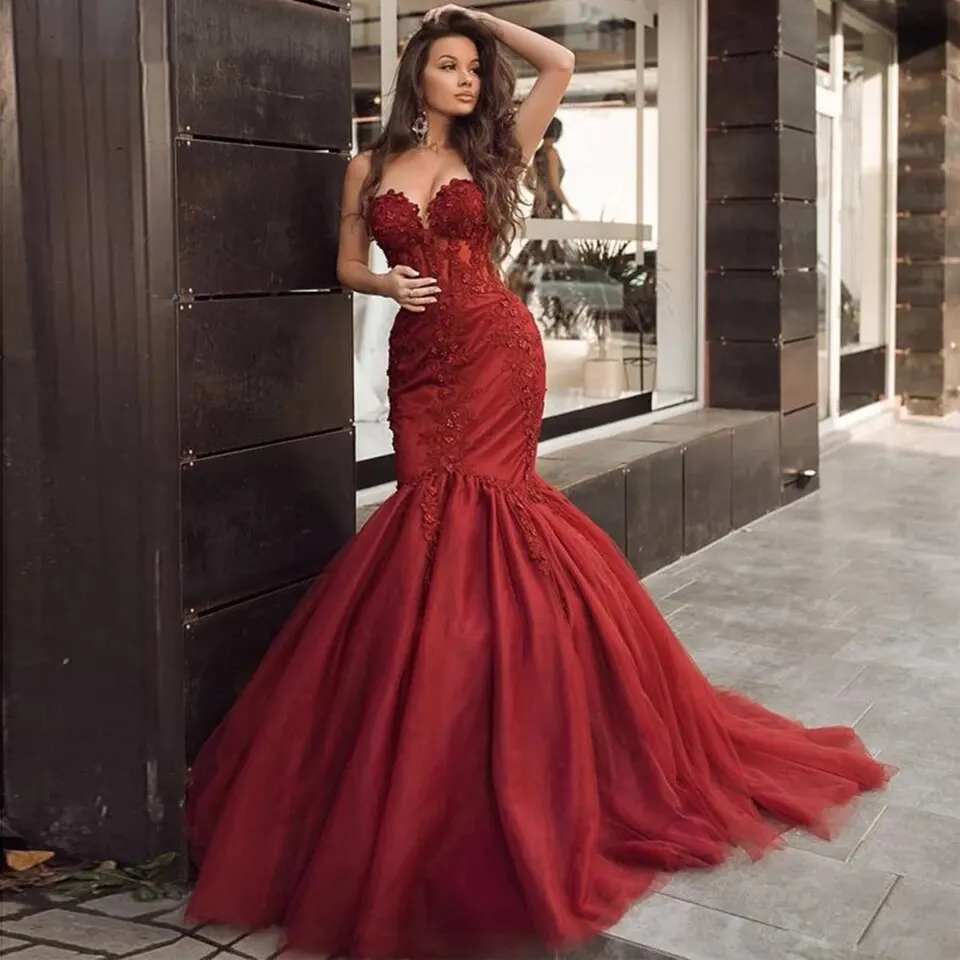 Burgundy Sweetheart Applique Lace Mermaid Evening Dresses 2023 Sleeveless Formal Evening Gown For Women vestidos de fiesta
Burgundy Sweetheart Applique Lace Mermaid Evening Dresses 2023 Sleeveless Formal Evening Gown For Women vestidos de fiesta