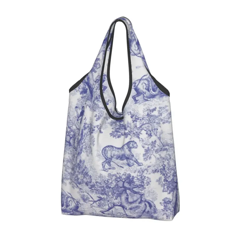 

Toile De Jouy Navy Blue Motif Pattern Grocery Tote Shopping Bag Animal Forest Floral Art Shoulder Shopper Bag Big Handbags