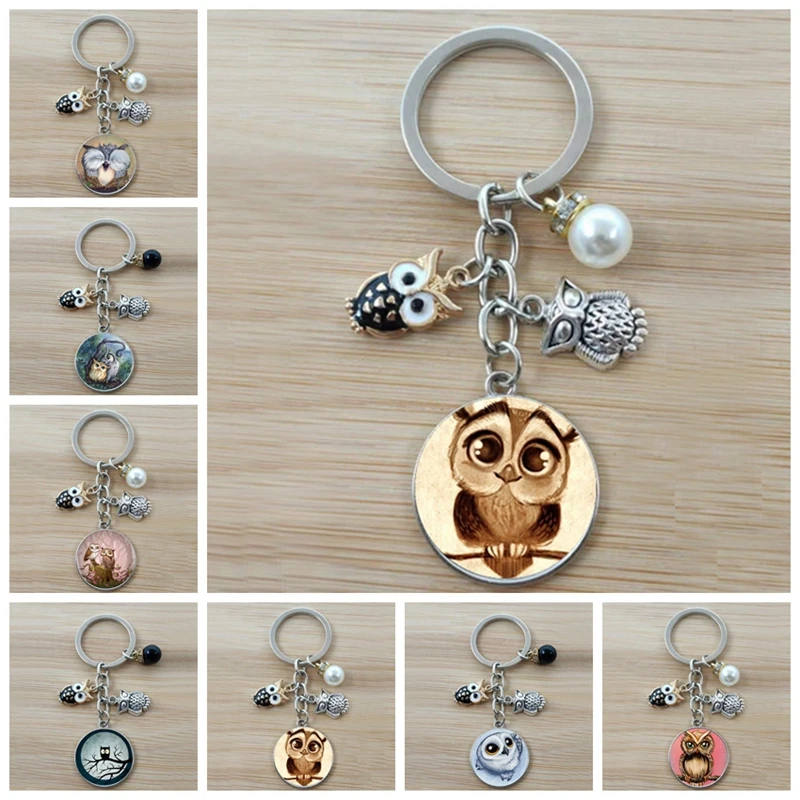 Cute charm owl keychain convex glass male and female accessories | Украшения и аксессуары