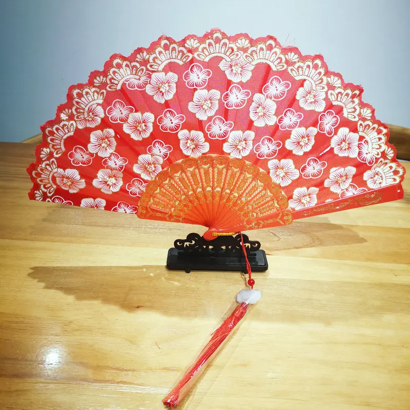

Gold Stamp Red Cherry Blossom Pattern Folding Fan With Tassels Oriental Aesthetics Retro Dancing Fan Qipao Dress Accessories