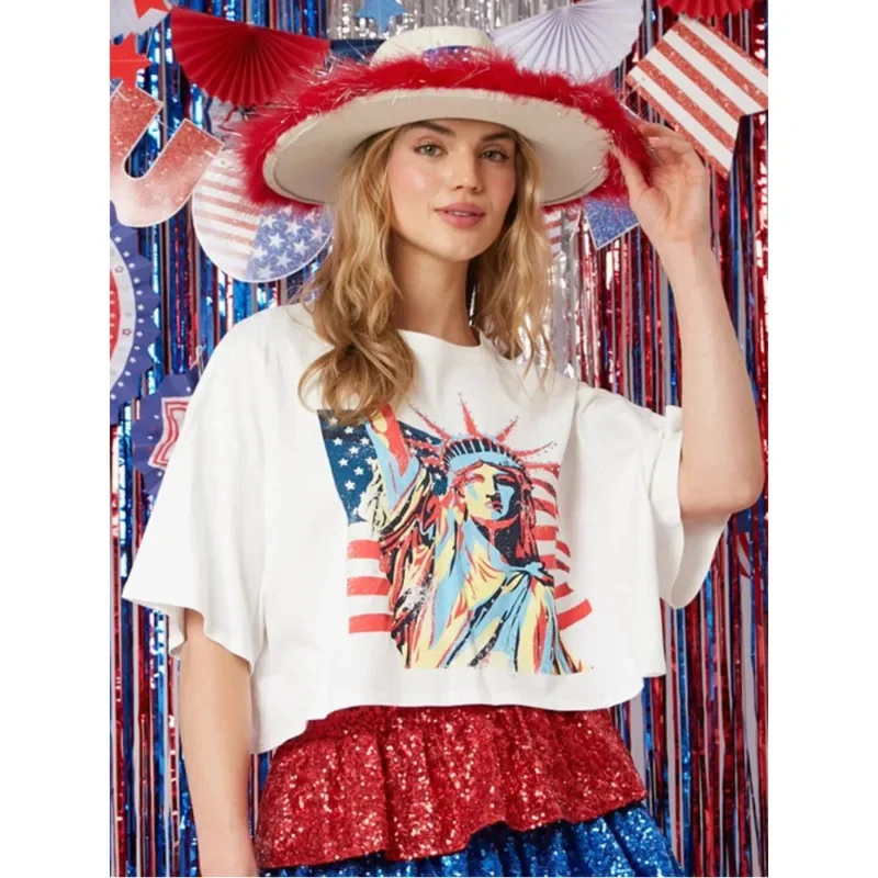 

Statue Of Liberty Diamond T-shirt 2024 Women Fashion Loose Round Neck Short T Shirtsummer Casual Trendy High Street Tees Tops