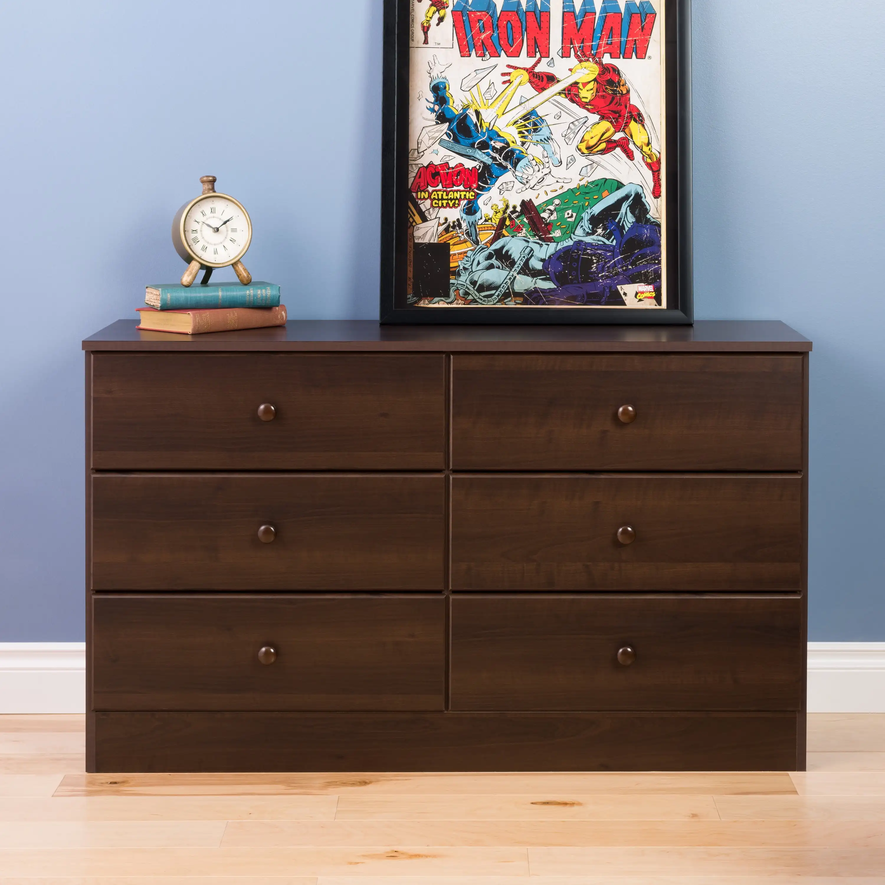 Astrid 6 Drawer Wooden Double Dresser, Drawers Run Smoothly on Metal Glides with Built-in Safety Stops, Espresso/Black/White
Astrid 6 Drawer Wooden Double Dresser, Drawers Run Smoothly on Metal Glides with Built-in Safety Stops, Espresso/Black/White