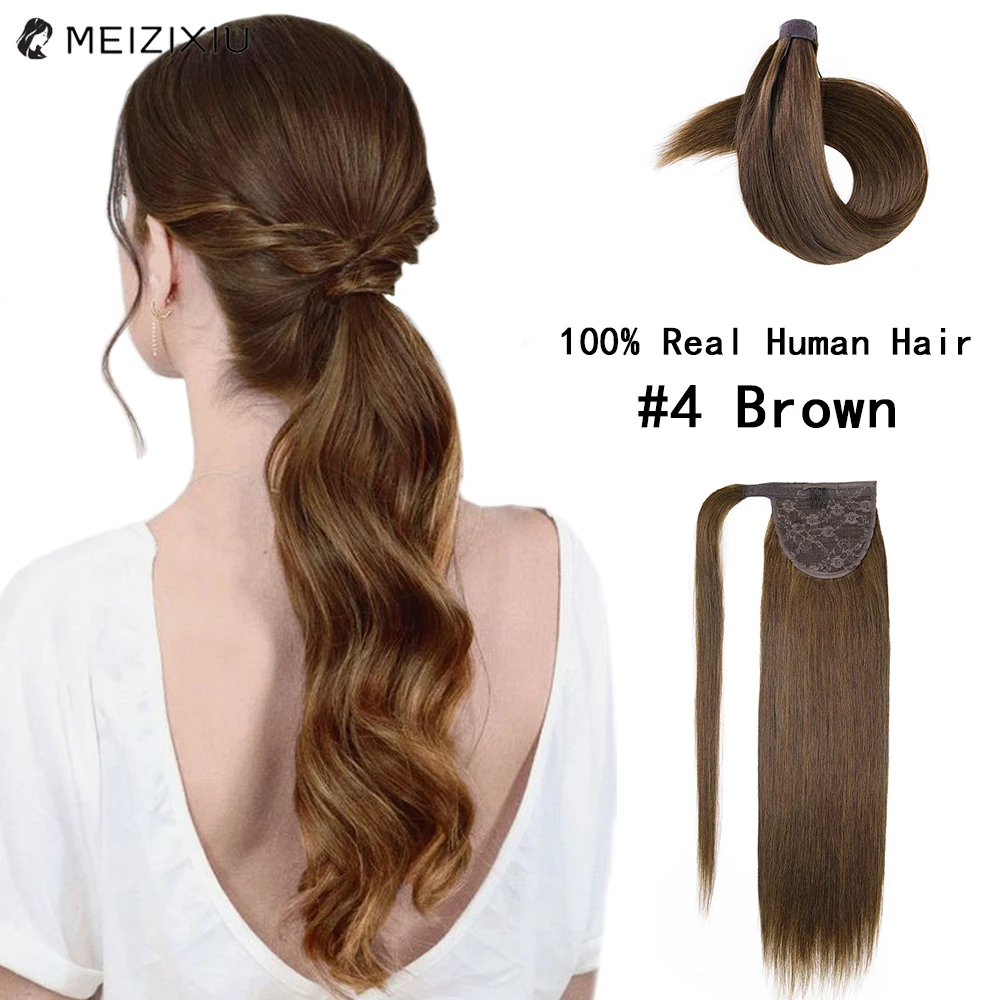 

#4 Brown Ponytail In Hair Extensions 100% Real Hair PonyTail In Human Hair Extensions For Women Magic Wrap Around 14 to 22 Inch