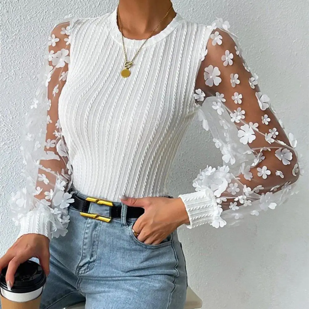 

Women Shirt See-through Mesh Flower Applique Round Neck Long Sleeve Solid Color Pullovern Soft Patchwork Twist Texture OL Commut