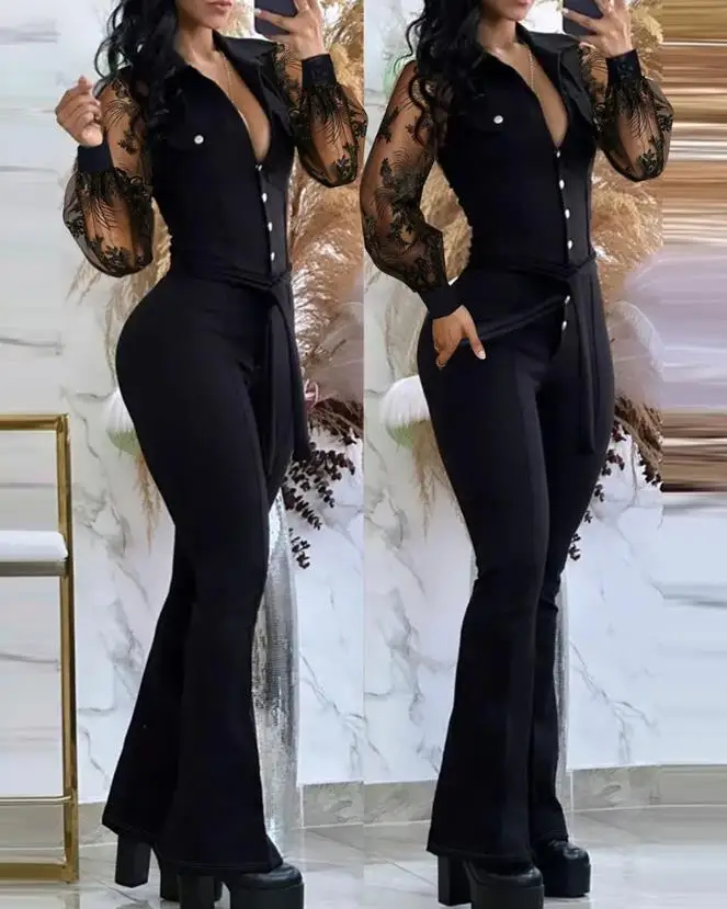 

Woman Sexy Buttoned Tied Detail Flared Jumpsuit New Autumn & Summer Women's Fashion Skinny Long Jumpsuits