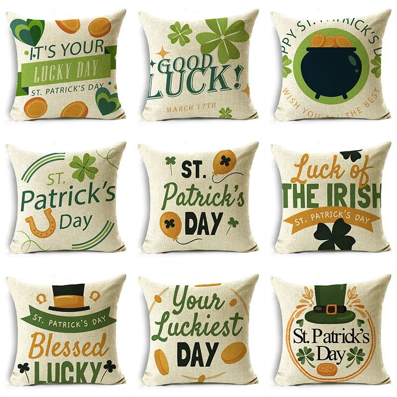 

OMIO Lucky Day Green Hat Festival Pillowcase Four-Leaf Clover Coin Letters Pattern Home Decor Sofa Cushion Cover 40/45/50cm
