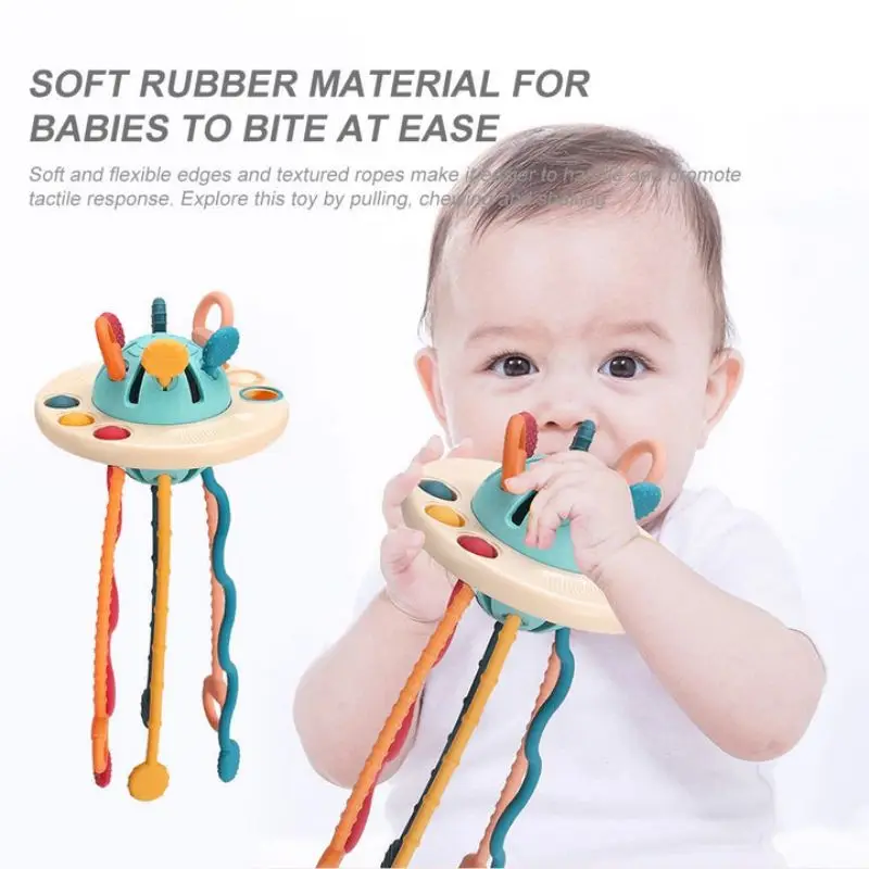 

EDUCATIONAL SILICONE UFO PULLING TOY BABY'S FUN FLYING SAUCER PULLS AND PULLS TOYS EARLY EDUCATION SENSORY BABY CHEW SOFT GLUE