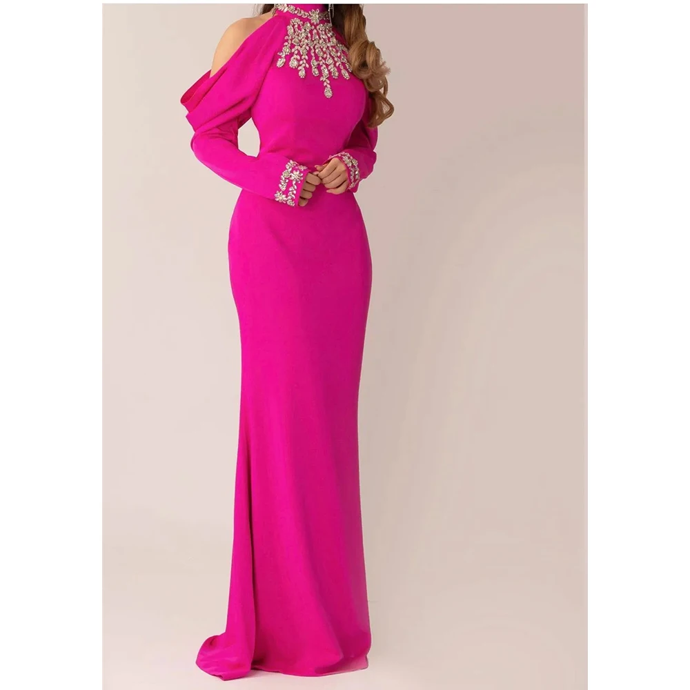 

High Neck Off Shoulder Beads Prom Dresses Italy Satin Long Sleeves Textured Luxury Evening Dress Formal Occasion Vestido