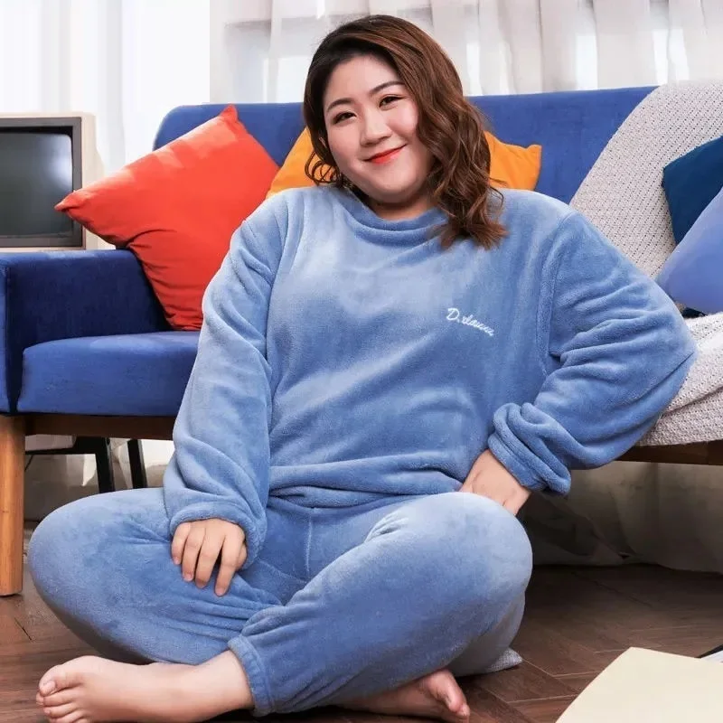 

Plus Size 6XL 150kg Winter Warm Coral Fleece Pajamas Sets Long Sleeve Top and Pants Sleepwear Suit Home Women Female Sleepwear