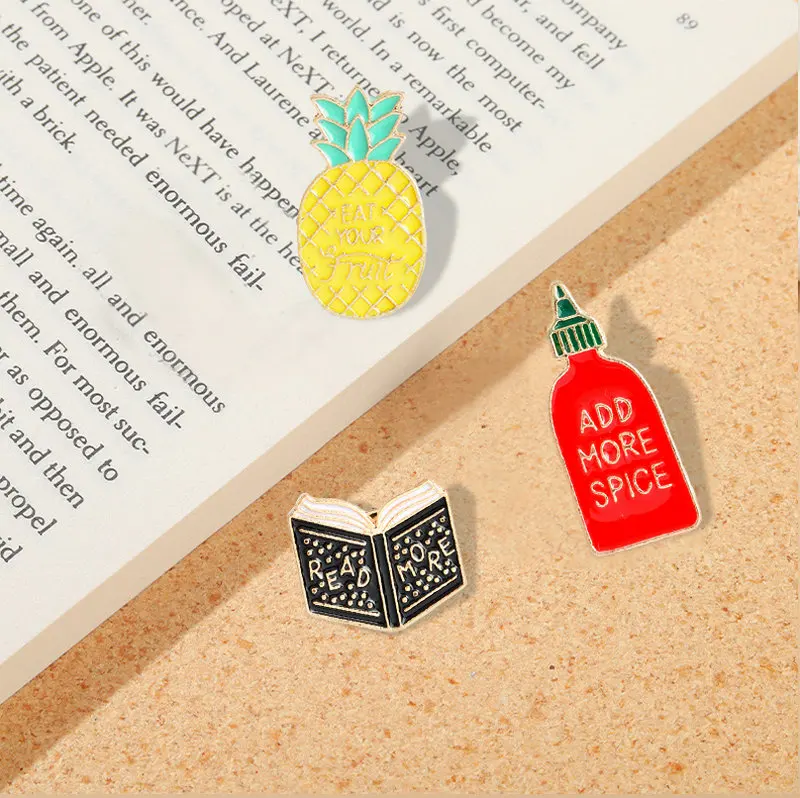 

Cartoon pins Pineapple EAT YOUR FRUIT ADD MORE SPICE READ MORE Brooch Denim Jacket Pin Badge Fashion Jewelry gift for friends