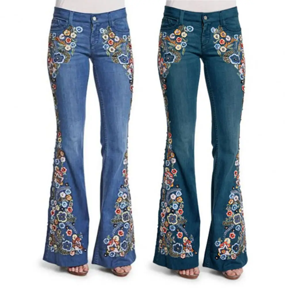 

Women Jeans Washed Flower Embroidered Long Slim Fit High Waist Match Top Vintage Streetwear Bell-bottomed Pants Women Clothes