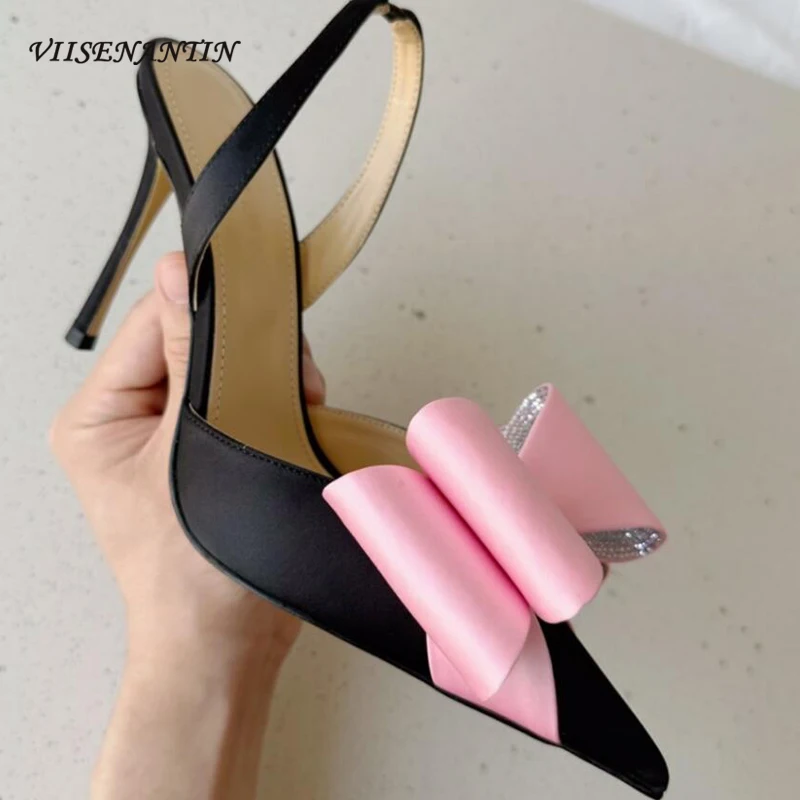 

Silk Satin Ladies Sexy Sandal Pumps Shoes Butterfly Knot Pointed Toe Party Shoes T-show Runway Amazing Back Strap High Heel Shoe