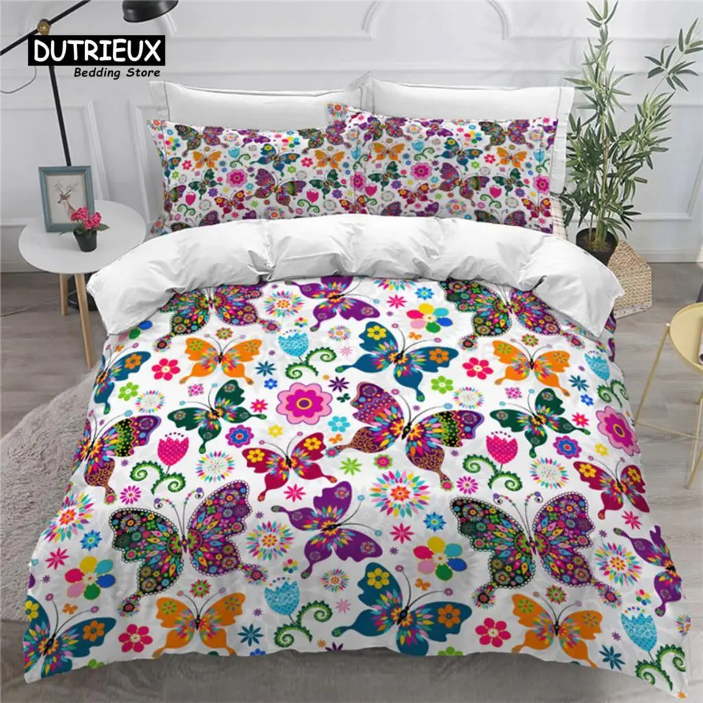 

Colorful Butterfly And Floral Duvet Cover Set King Size Butterflies Theme Bedding Set For Kids Girls Comforter Cover Pillowcases