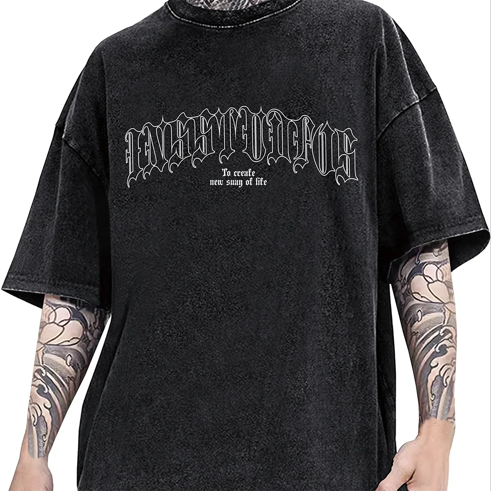 Trendy Design Men's Pure Cotton Washed Craft T-shirt, Retro Letter Print Short Sleeve Crew Neck Loose T-shirt
Trendy Design Men's Pure Cotton Washed Craft T-shirt, Retro Letter Print Short Sleeve Crew Neck Loose T-shirt
