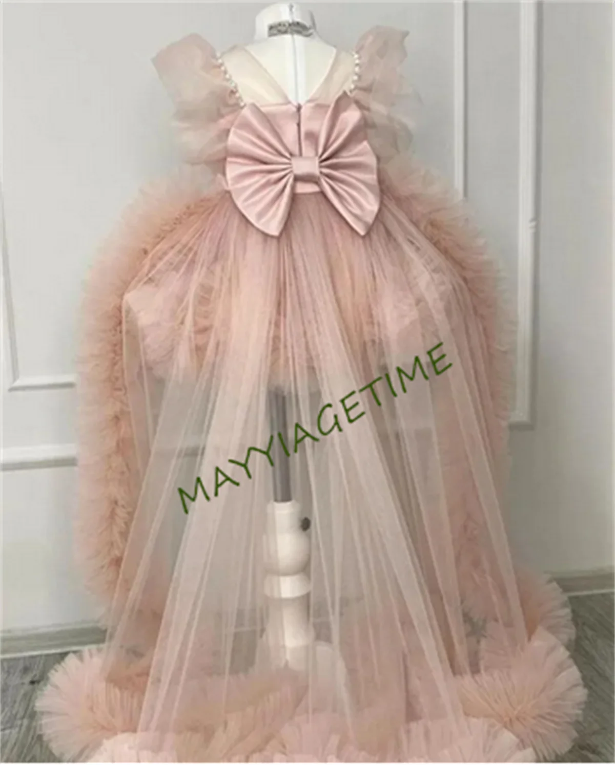 

New Pink Flower Girl Dress Princess Birthday Party Dress with Long Train Child Pageant Gown Costumes Kid 1-14T