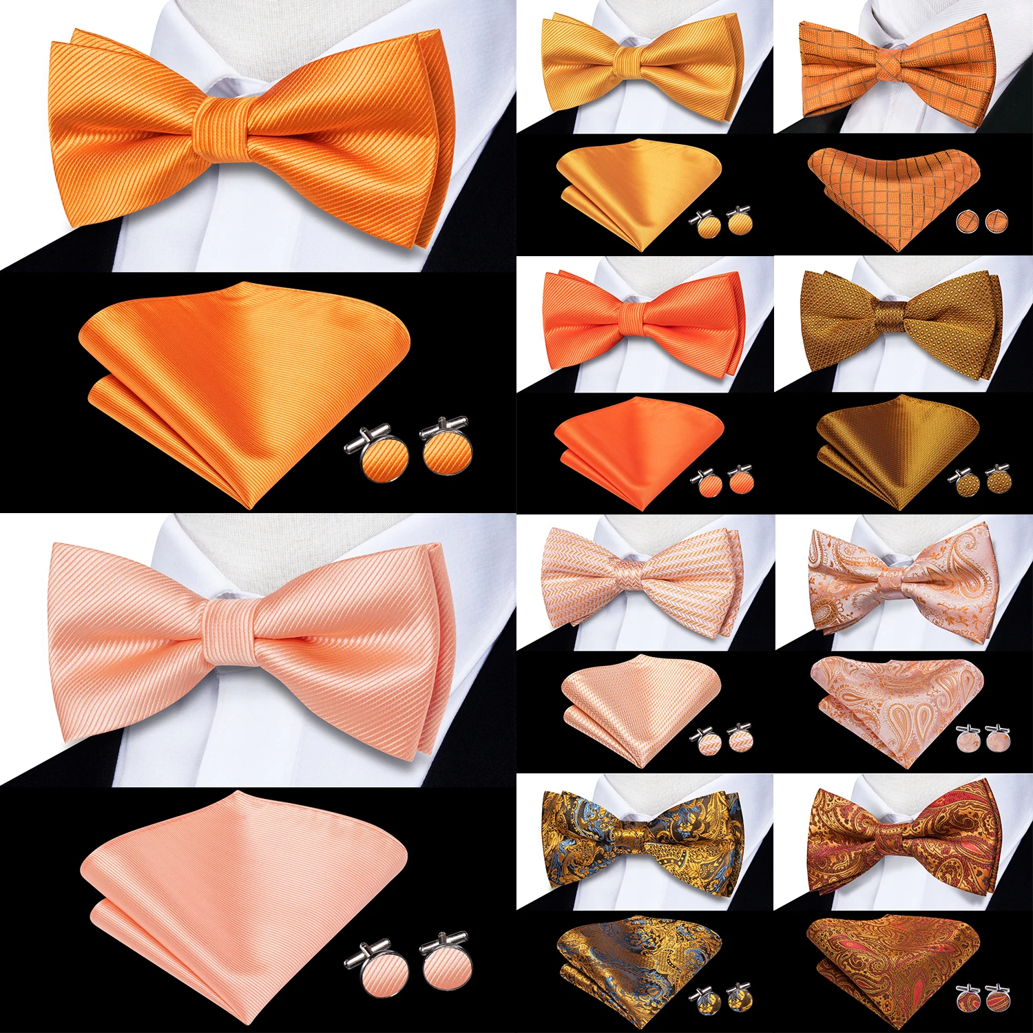 Orange Tangerine Persimmon Silk Mens Bow Tie Hankerchief Cufflinks Set Pre-tied Butterfly Knot Bowtie for Male Wedding Business
Orange Tangerine Persimmon Silk Mens Bow Tie Hankerchief Cufflinks Set Pre-tied Butterfly Knot Bowtie for Male Wedding Business