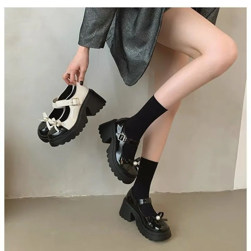 

French Mary Jane For Women's 2023 Spring And Autumn Season New Bow Gentle Single Thick High Heels Shallow Mouth Small Leather