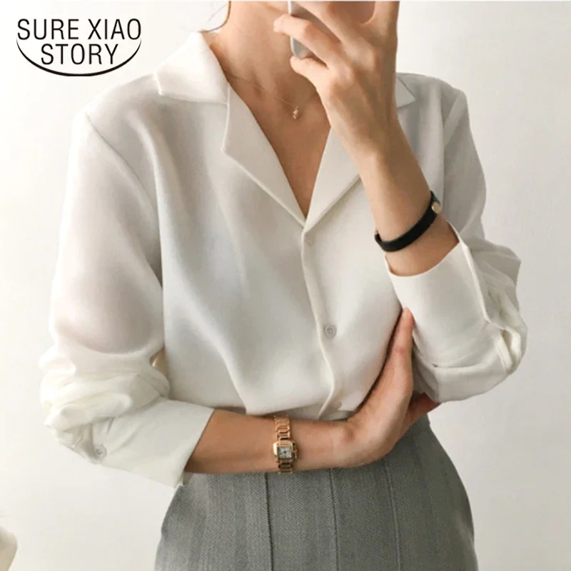 

2022 Spring Long Sleeve Women Shirts Clothes Blusas Mujer Cardigan Women Blouses Vintage Solid White Chiffon Blouse Tops 9379 50