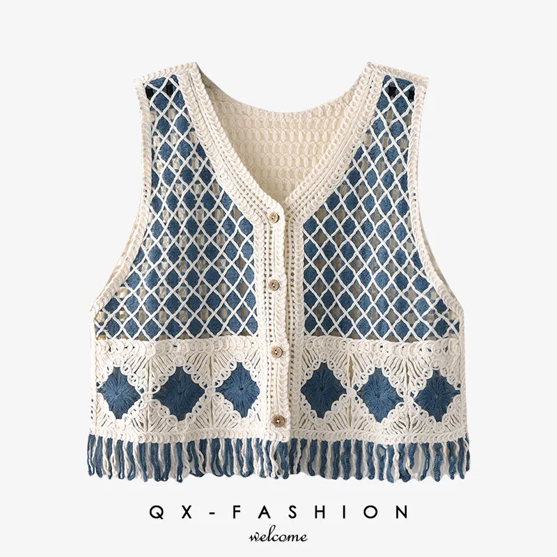 

Niche designer retro fun wear take sweet cool style national wind vacation hollow vest diamond lattice tassel knit vest