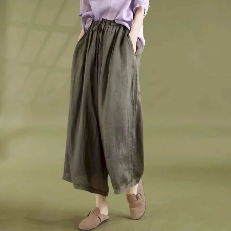 

Solid Pants for Women Loose Baggy Pants Vintage Summer Thin Korean Style Elastic Waist Cropped Trousers Flowing Wide Leg Pants