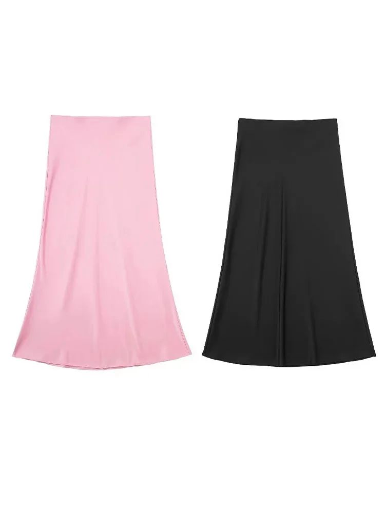 

HH TRAF Summer Woman Elegant Slim A-line Skirts Fashion High Waist Midi Skirt Streetwear Female Vintage Solid Color Long Skirts