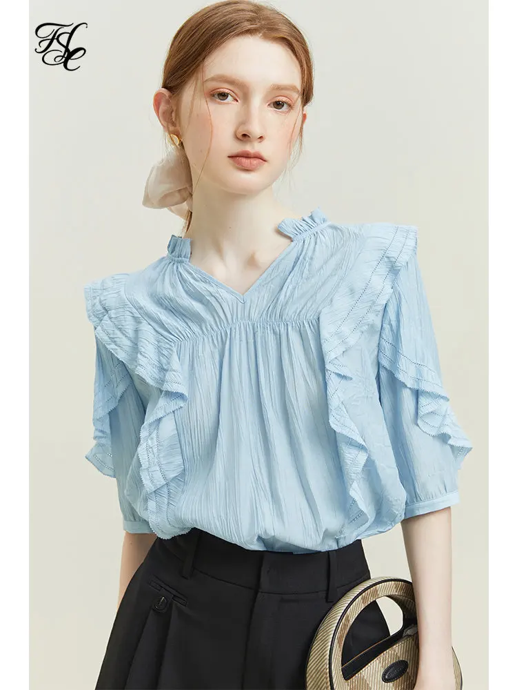 

FSLE French V-neck Short Sleeved Shirt Women's Design Sense Niche Summer Ruffle Tops For Women White Blue Casual Loose