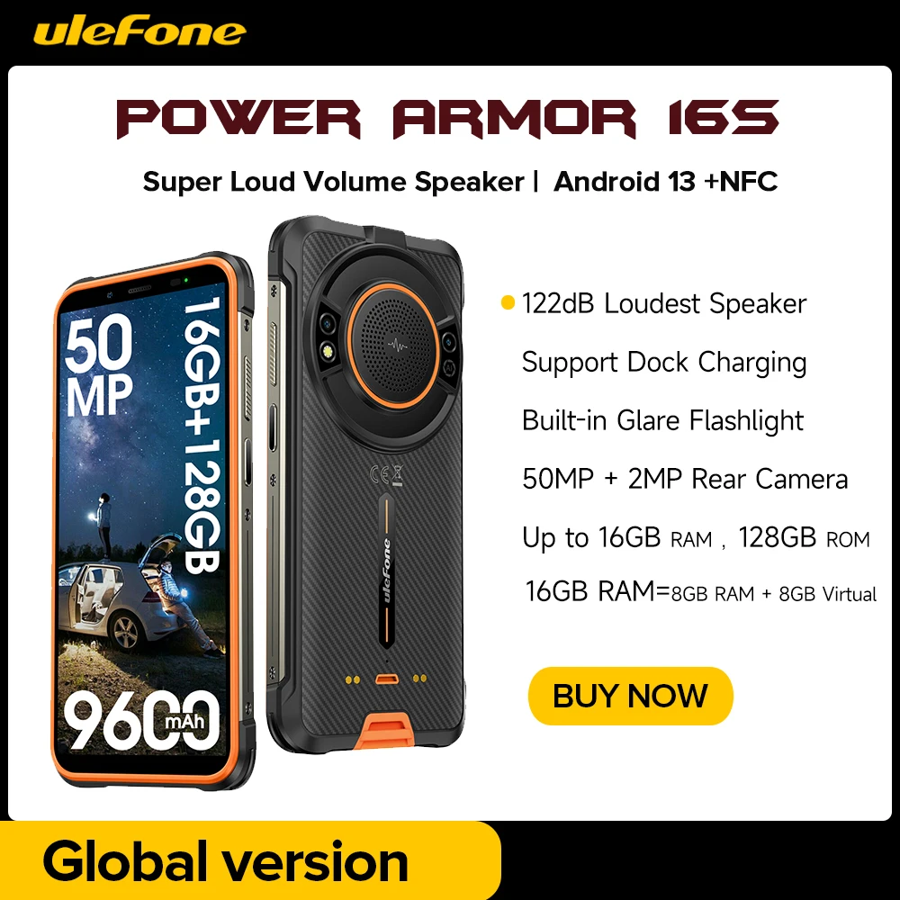 

Ulefone Power Armor 16S Rugged Waterproof Smartphone Android 13 NFC 16GB+128GB 50MP Camera 9600mAh Global 122dB Loudest Speaker