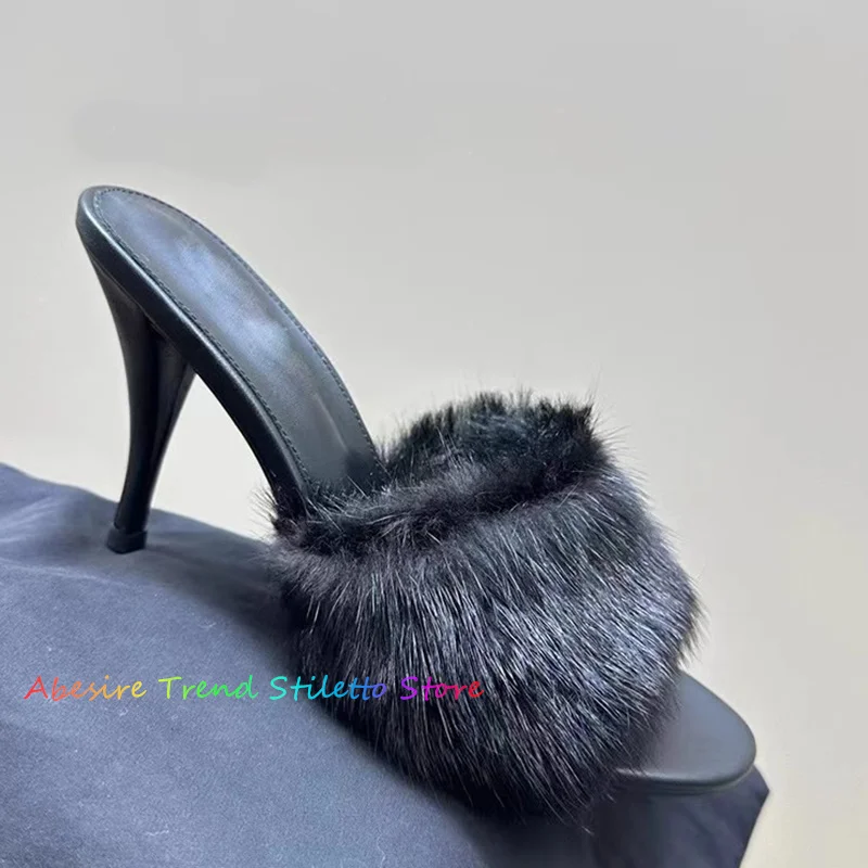 

Fur Decor High Heel Mules Open Toe Slip On Black Leather Stiletto Heel Summer Sandals Shoes Outside Women Club Party Shoes