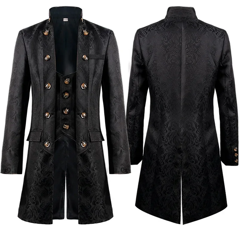 

Men's Formal Black Long Tuxedo Jacket Medieval Punk Retro Steam Era Gothic Victorian Style Fashion Jacquard Dress Coat Clothing