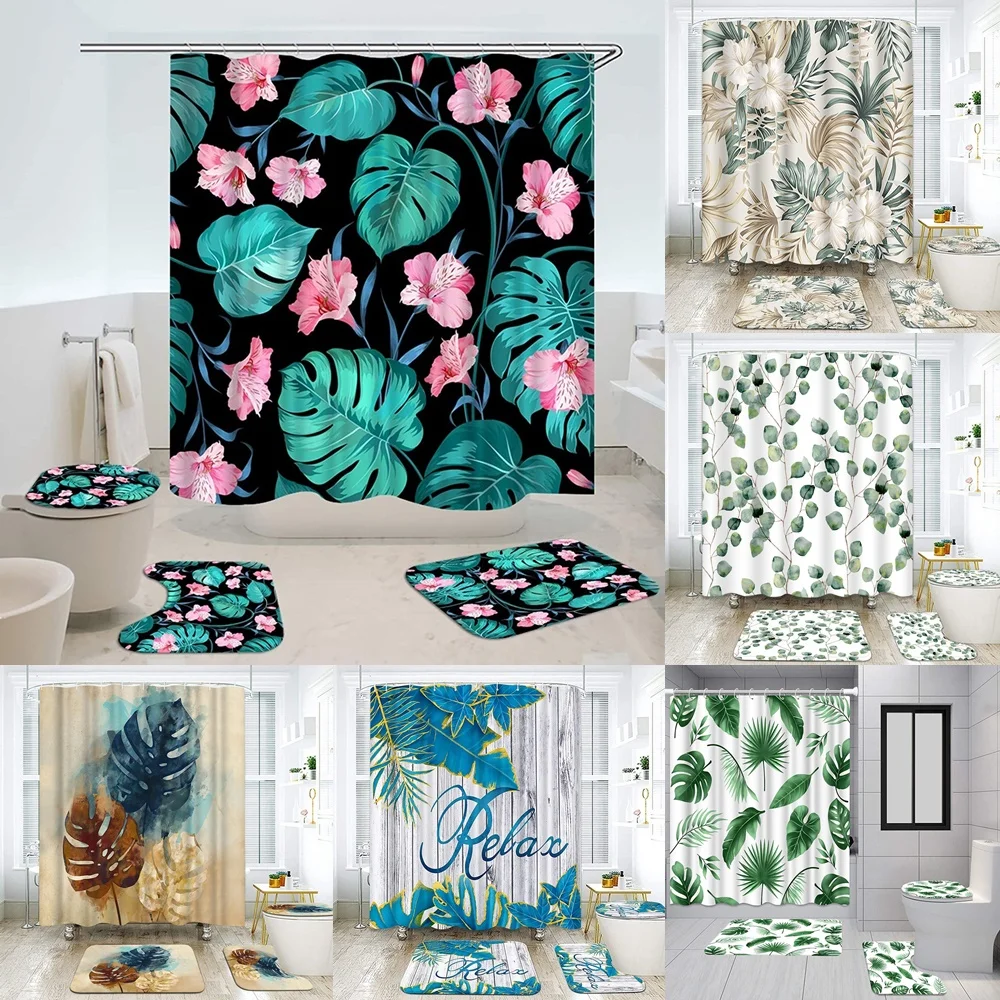 

Tropical Plant Shower Curtain Sets Beige Green Palm Leaves Sage Hibiscus Flower Bath Curtains Bathroom Mat Rugs Toilet Lid Cover