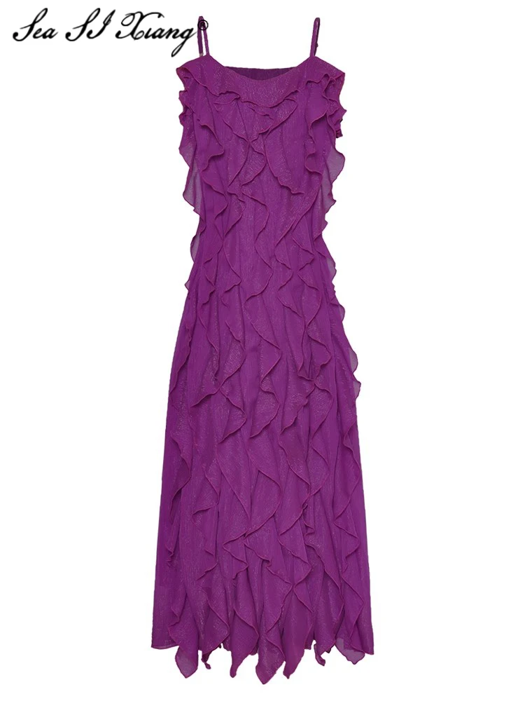

Seasixiang Fashion Designer Spring Long Dress Women Spaghetti Strap Sleeveless Ruffles Elegant Party Backless Dresses