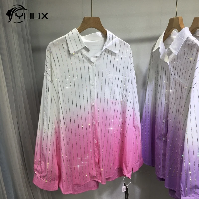 

YUDX Gradient Tie Dyeing Hot Drilling Women Shirts All-match Spring Summer Long Sleeve Cardigans Top Shiny Diamond Casual Blouse