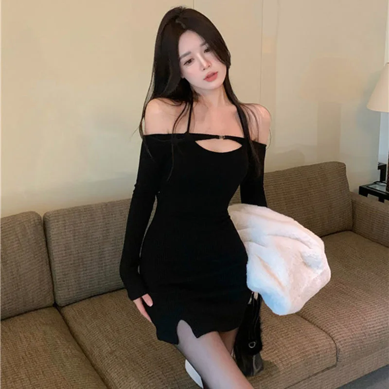 

Summer Spicy Girl Cutout Off Shoulder Hanging Neck Dress Slim Fit Slim Wrapped Hip Short Dress