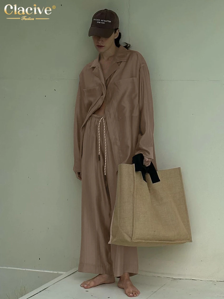 

Модные свободные коричневые комплекты Clacive из 2 предметов, женская одежда 2024, элегантная рубашка с длинным рукавом и широкие брюки с высокой талией для женщин