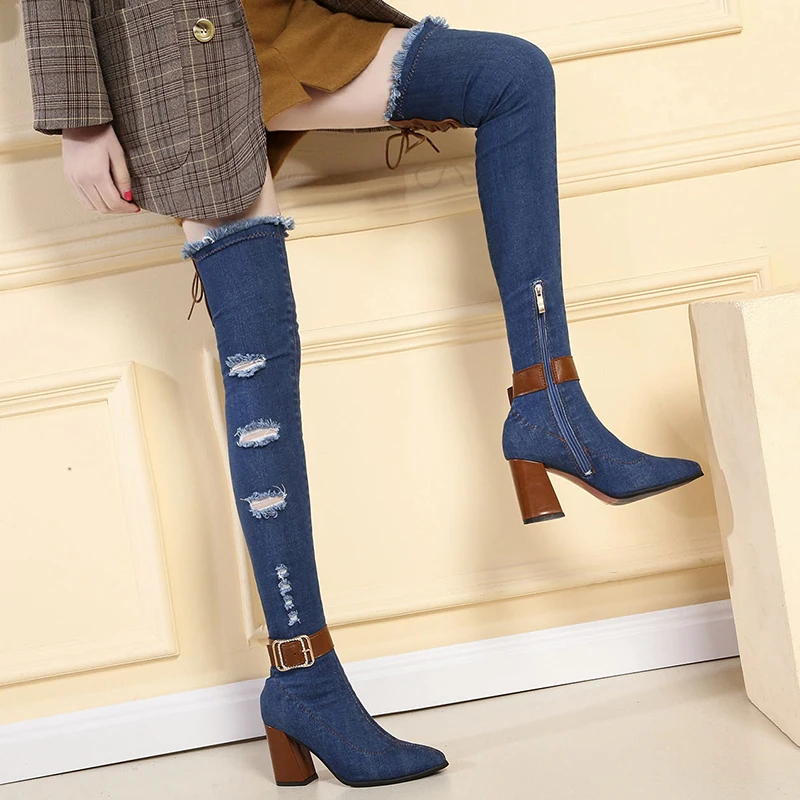 

New Women Chunky Suede Long Boots Block 8cm High Heels Fetish Jeans Over The Knee Thigh High Boots Stripper Winter Sexy Shoes