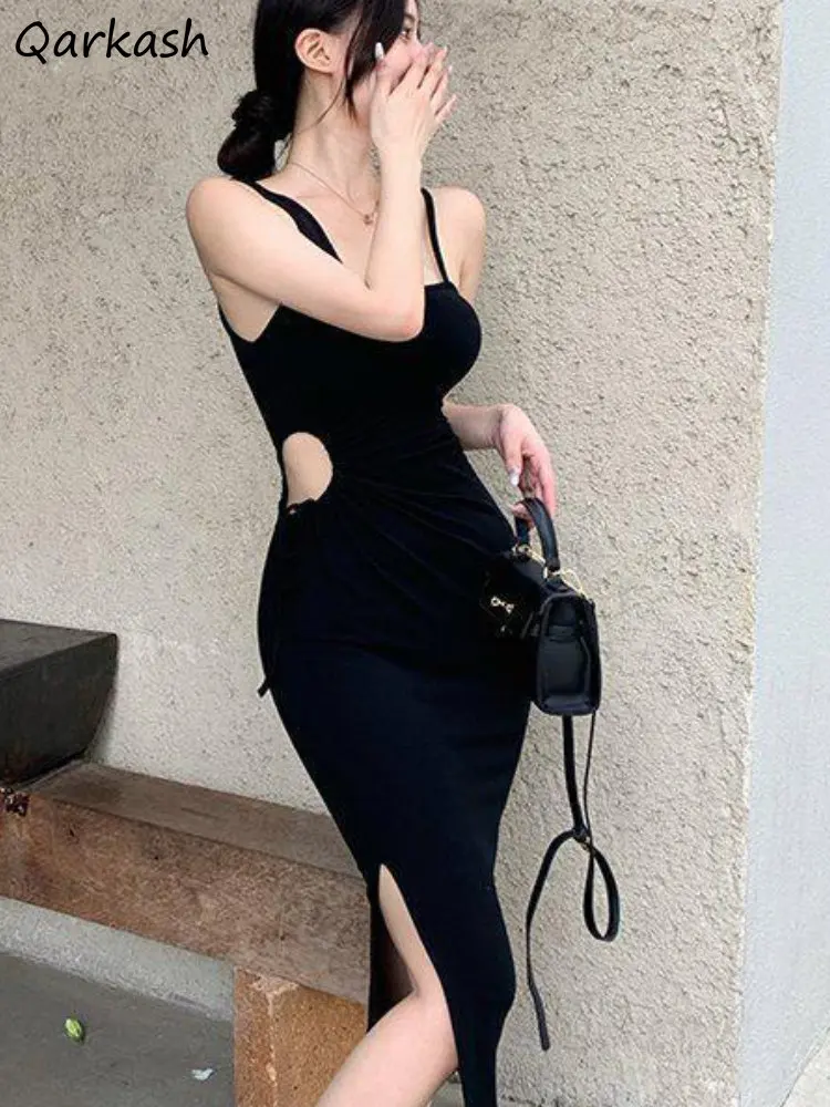 

Dresses Women Hollow Out Sexy Streetwear Elegant Summer Female Side-slit Hotsweet Korean Style Empire Casual Ins Solid Fashion