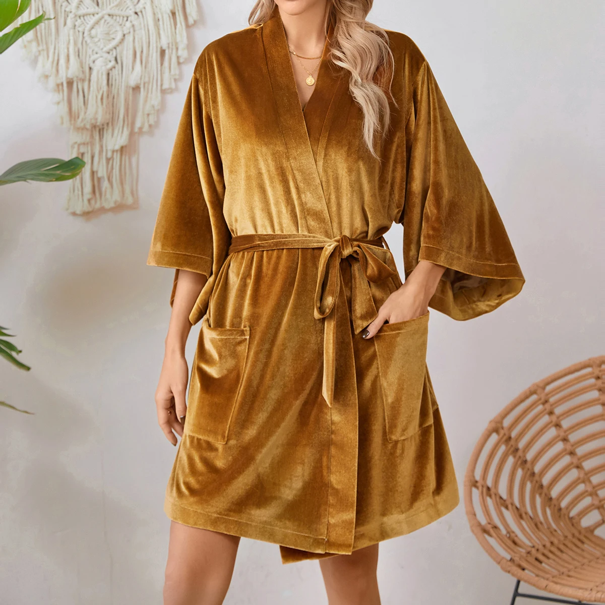 

Элегантный женский бархатный халат, Однотонная ночная рубашка с V-образным вырезом, накидки, домашняя одежда