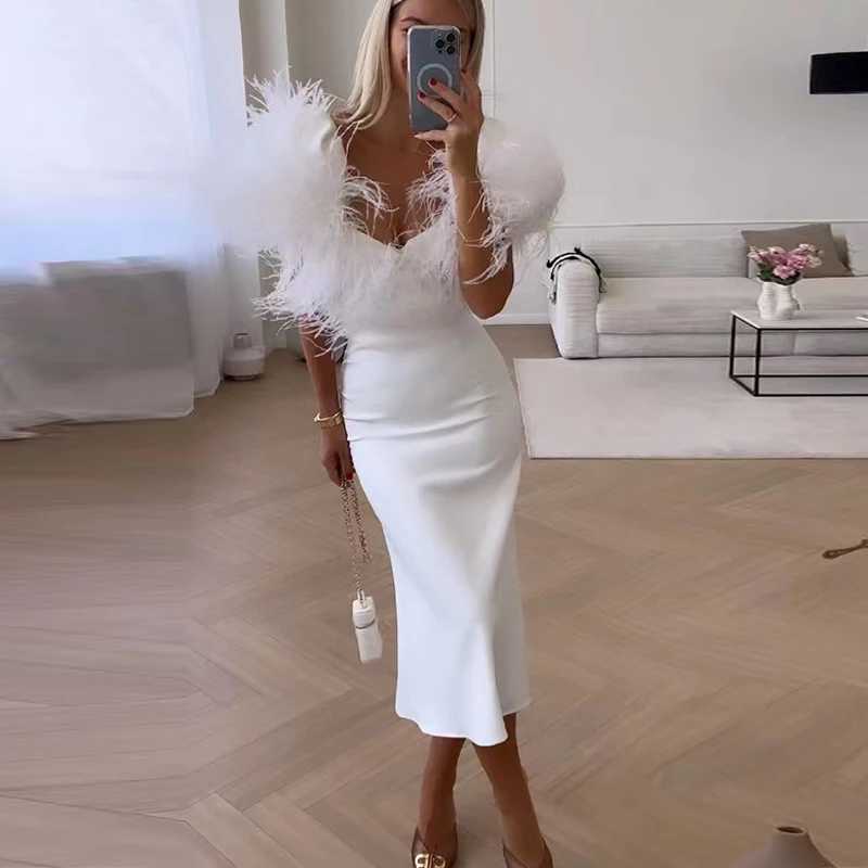 Sexy Bodycon Feather Patchwork White Dresses Women Fashion V-neck Solid Party Long Dress Female Elegant New 2023 Bag Hip Dress
Sexy Bodycon Feather Patchwork White Dresses Women Fashion V-neck Solid Party Long Dress Female Elegant New 2023 Bag Hip Dress