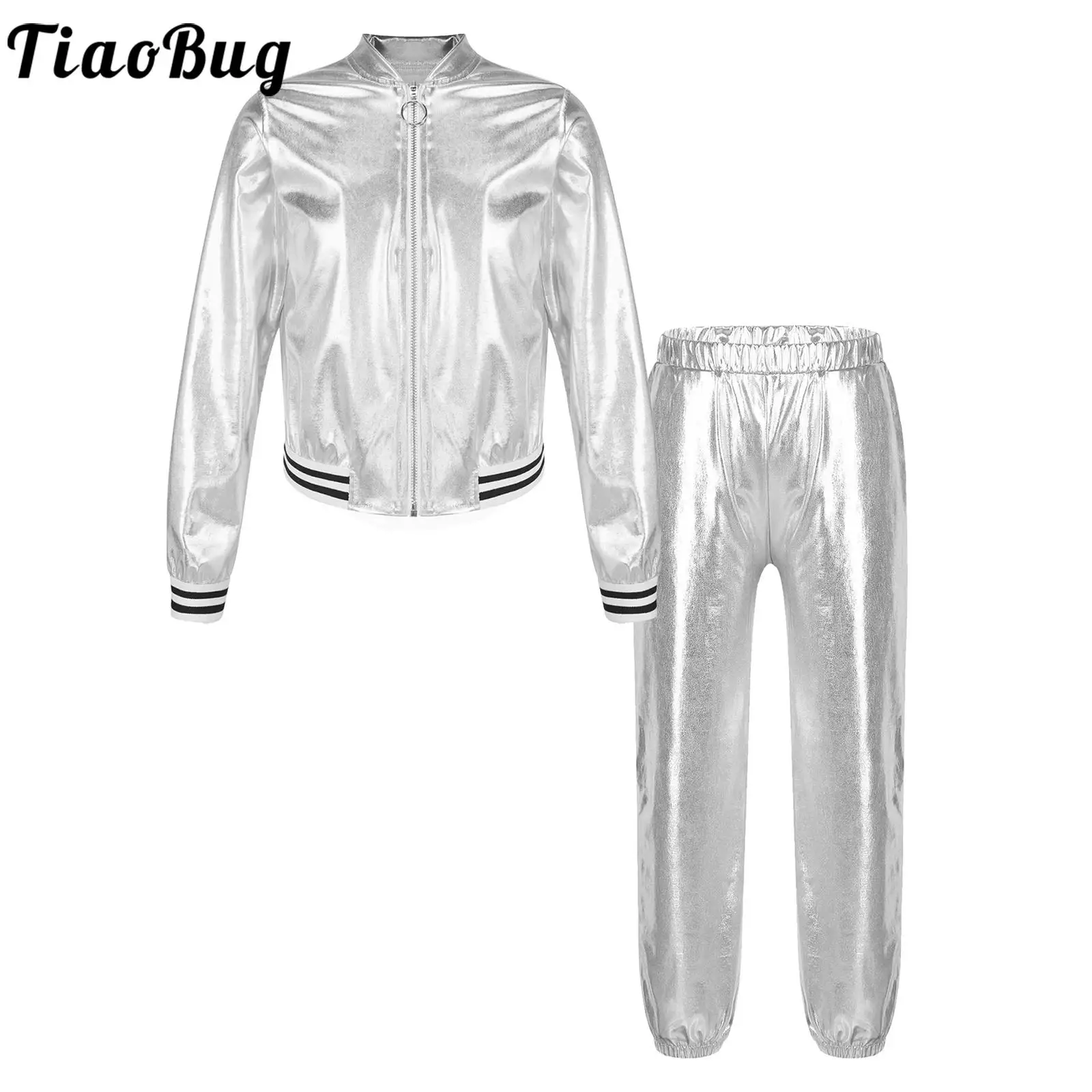 

Kids Girls Jazz Hip-hop Dance Costume Sports Street Dancing Performance Outfits Shiny Metallic Jacket Bomber Coat with Pants