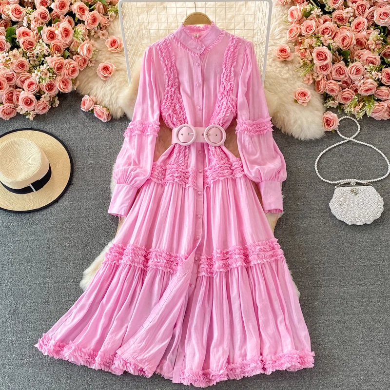 

Spring Autumn Runway Cascading Ruffles Dress Women Long Lantern Sleeve Single Breasted Solid Color Sashes Shirt Party Vestidos