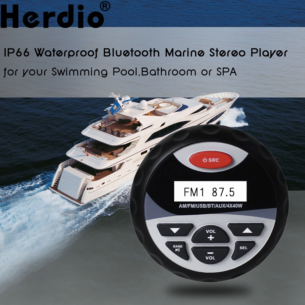 

Herdio Marine Waterproof Stereo Bluetooth Audio Ship AM FM Radio Receiver MP3 Player USB AUX Input For ATV UTV Yacht Motorcycle