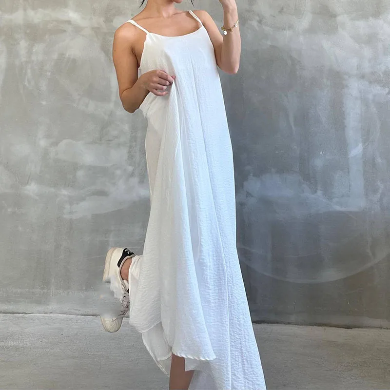 

Elegant O-neck Spaghetti Straps Dress Women Sexy Sleeveless Solid Color Long Dress Fashion Cotton Linen Loose Pleat Party Dress