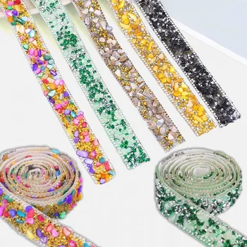 다채로운 크리스탈 라인석 트림, 자체 접착, 다채로운 스톤 다이아몬드 바느질 드릴 테이프, DIY 신부 원피스 전화 장식, 1 야드 2cm