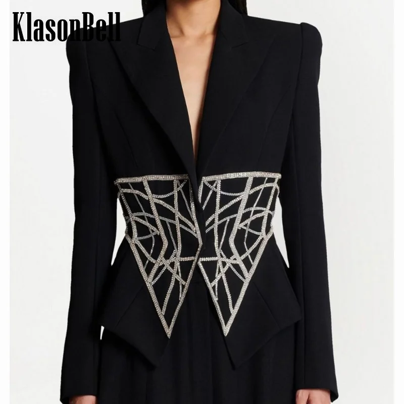 

3.12 KlasonBell Luxury Corset Diamonds Beading Collect Waist Jacket Women Temperament Shoulder Pads Single Button Wool Blazer